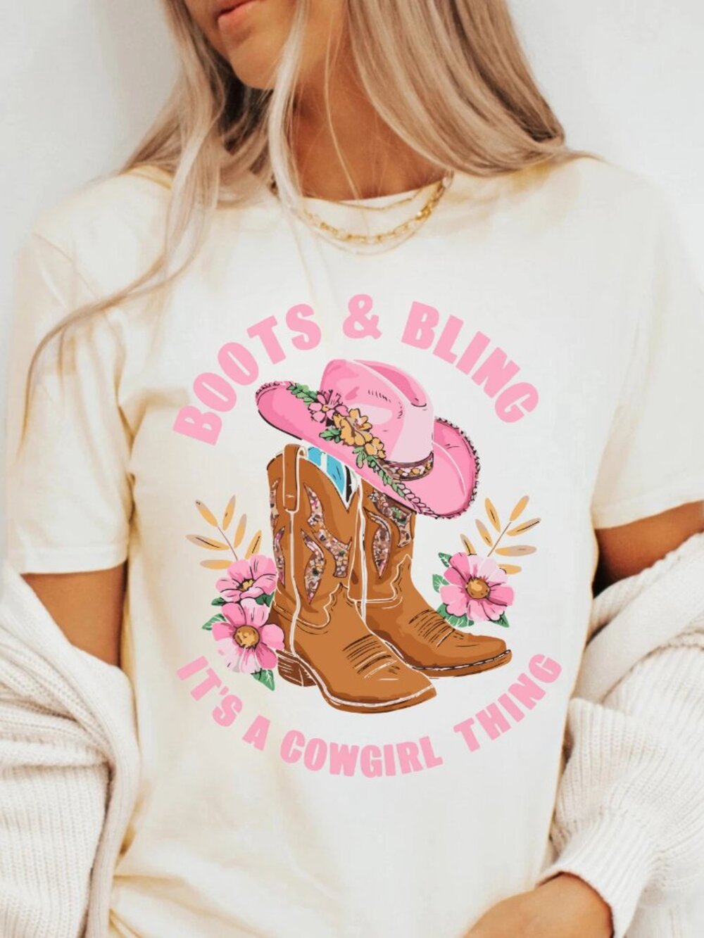 Boots & Bling Pink Western Graphic Tee Nashville Coastal Cowgirl Retro Boho